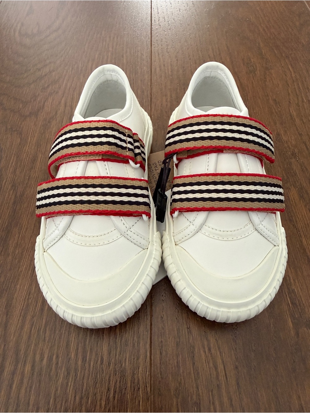 Burberry White Kids Sneakers with Red, Black & Tan Striped Straps